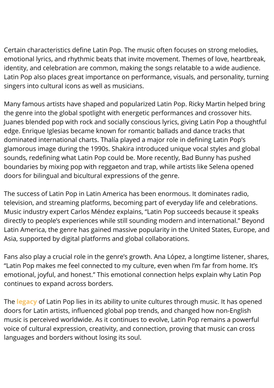 Latin Pop reading passage, part 2: musical characteristics, famous artists, global popularity, and legacy