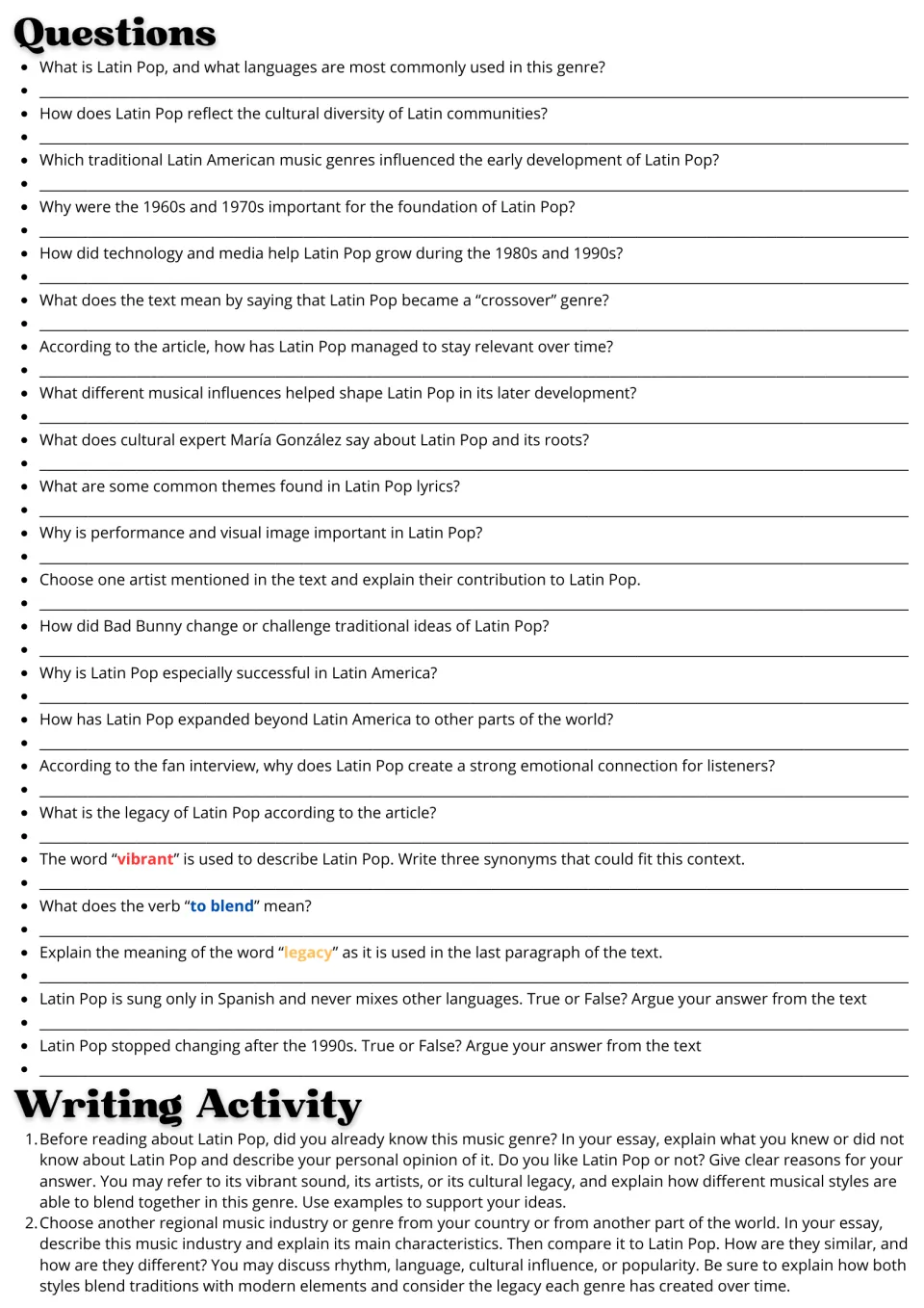 Latin Pop follow-up: 22 comprehension and vocabulary questions plus two essay prompts on opinions and comparison
