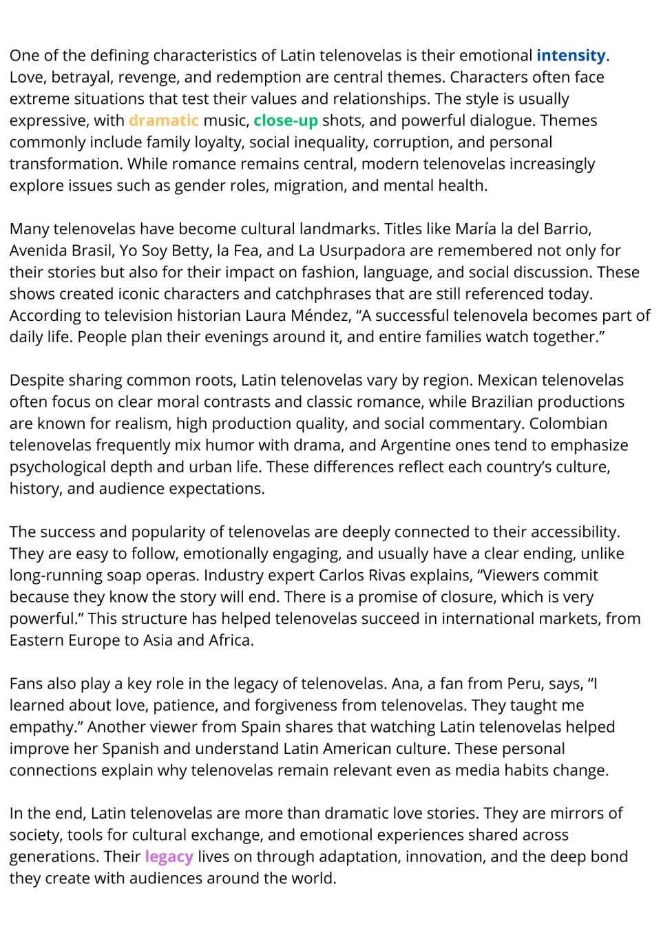 ESL reading passage conclusion: telenovela themes, famous series, regional differences, popularity, and legacy.