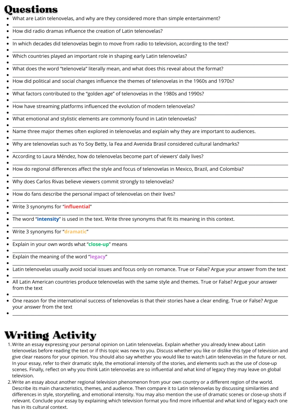 Reading follow-up: 23 comprehension and vocabulary questions about Latin telenovelas and two essay prompts.