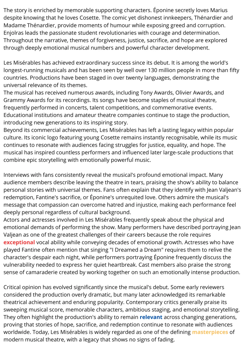 Les Mis passage, part 2: supporting characters, awards, fan and actor interviews, critics; vocabulary words highlighted