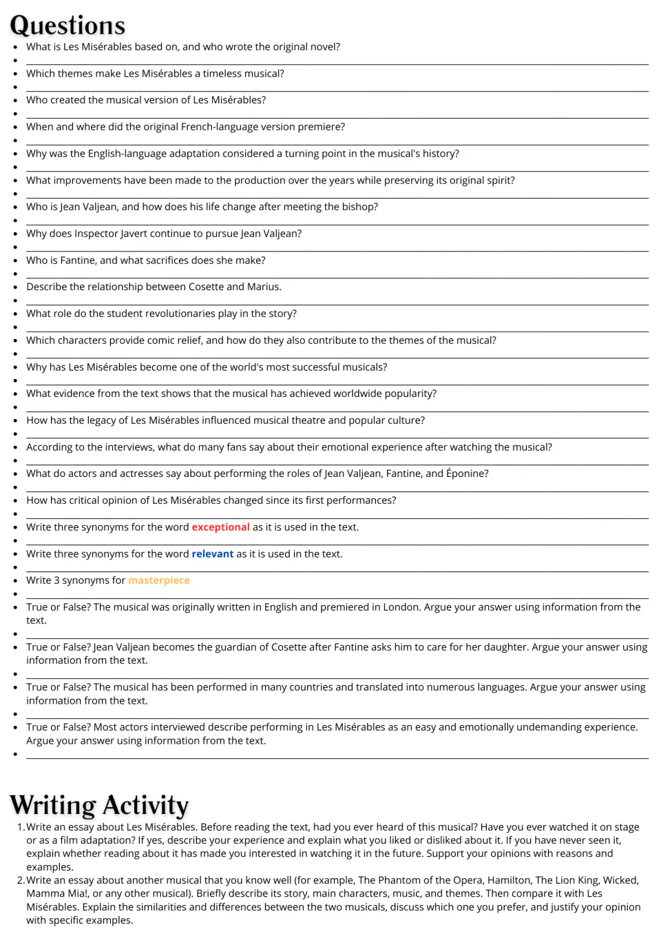 Les Mis questions: students answer comprehension, synonym and true-or-false items, then write one of two essays