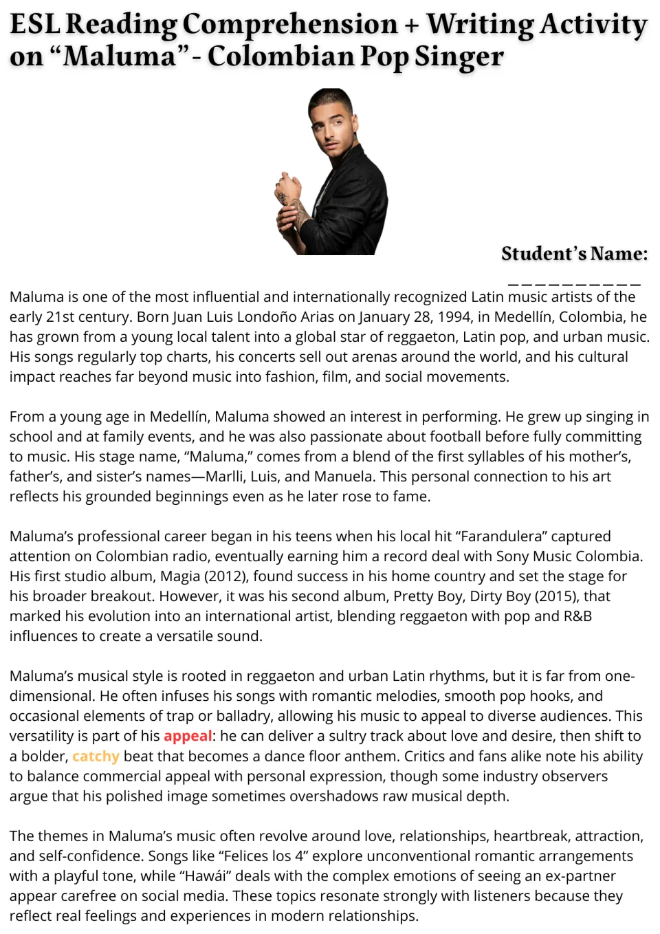 Maluma reading passage, part 1: students read about his Medellín roots, stage name, early albums and reggaeton style