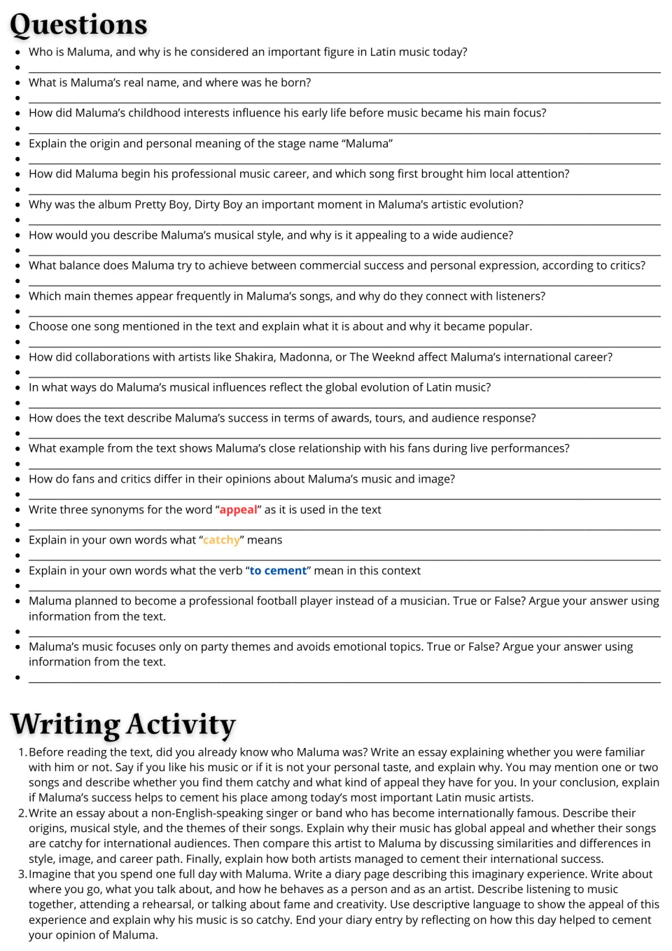 Questions on the Maluma text: 20 comprehension, vocabulary and true-or-false items, then a choice of three writing prompts