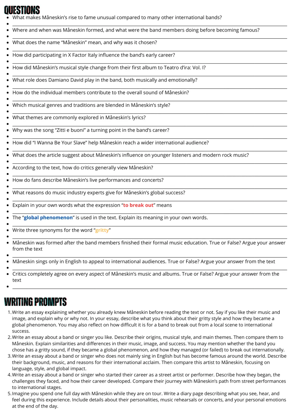 Måneskin follow-up activities: 21 reading and vocabulary questions and five essay or diary writing prompts.