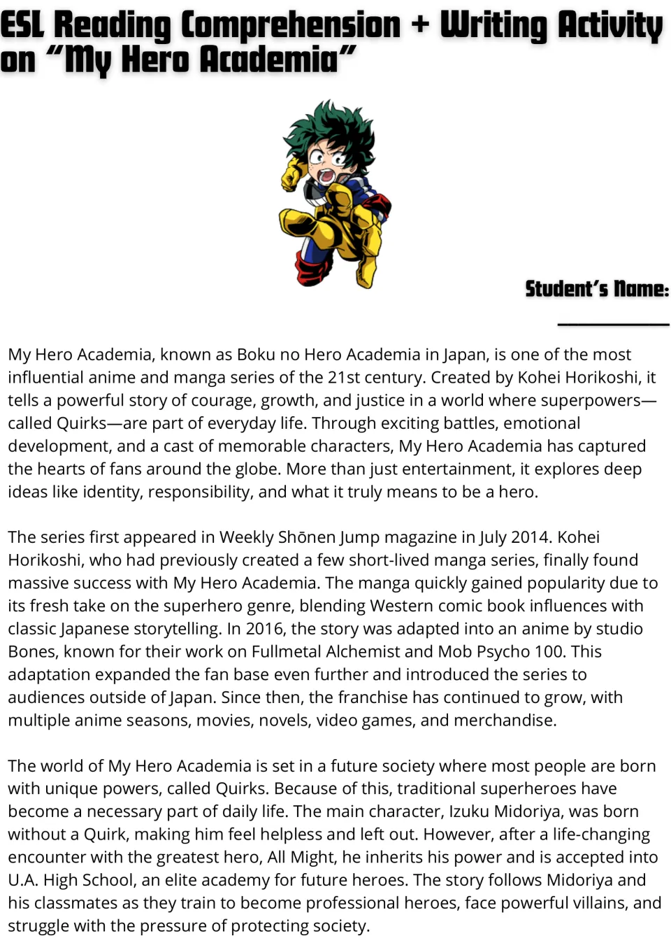 My Hero Academia reading passage: students read about Kohei Horikoshi, Quirks, the anime's history and Izuku Midoriya