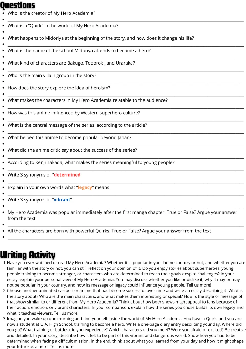Questions and writing activity: 18 short-answer, vocabulary and true/false items, then 3 essay prompts, one a diary entry