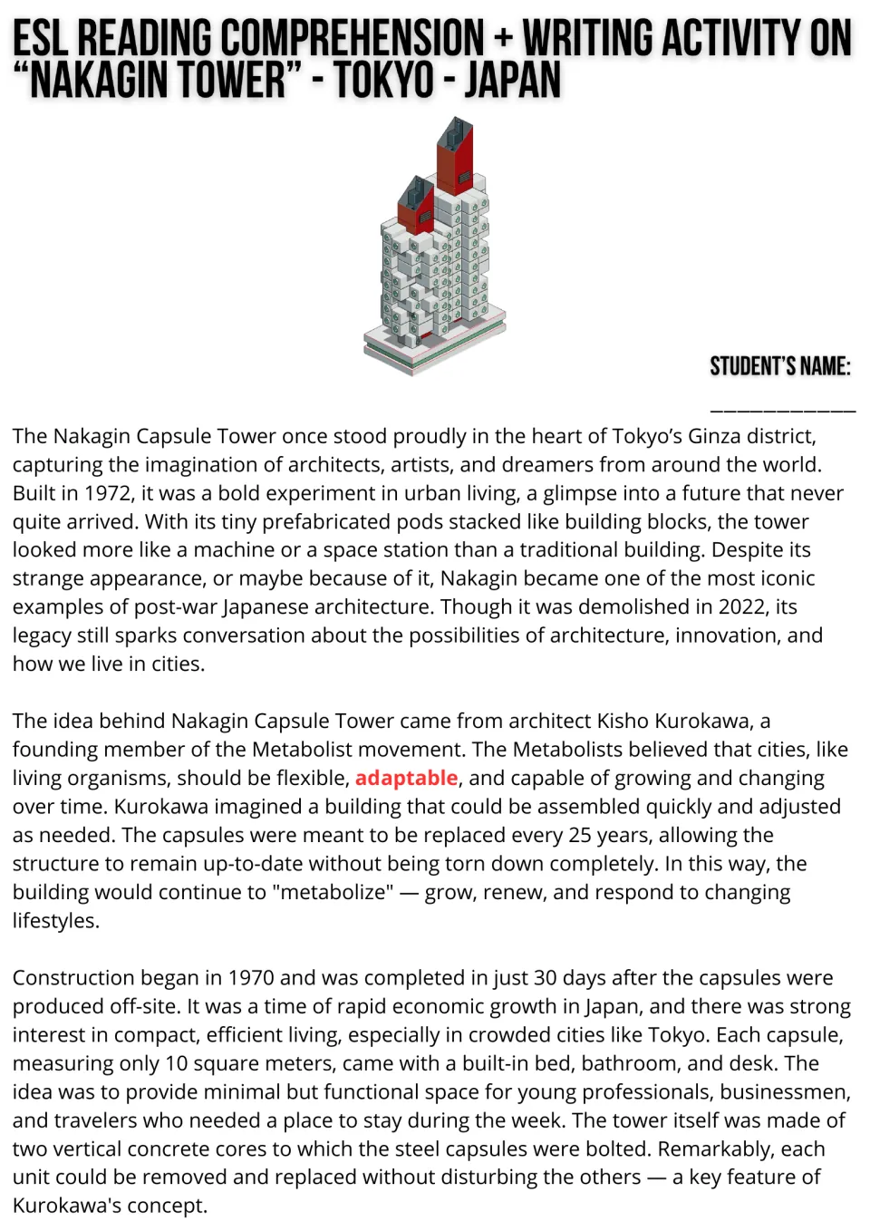 Nakagin Capsule Tower reading, part 1: students read about Kurokawa, Metabolism and how the 1972 Tokyo pods were built