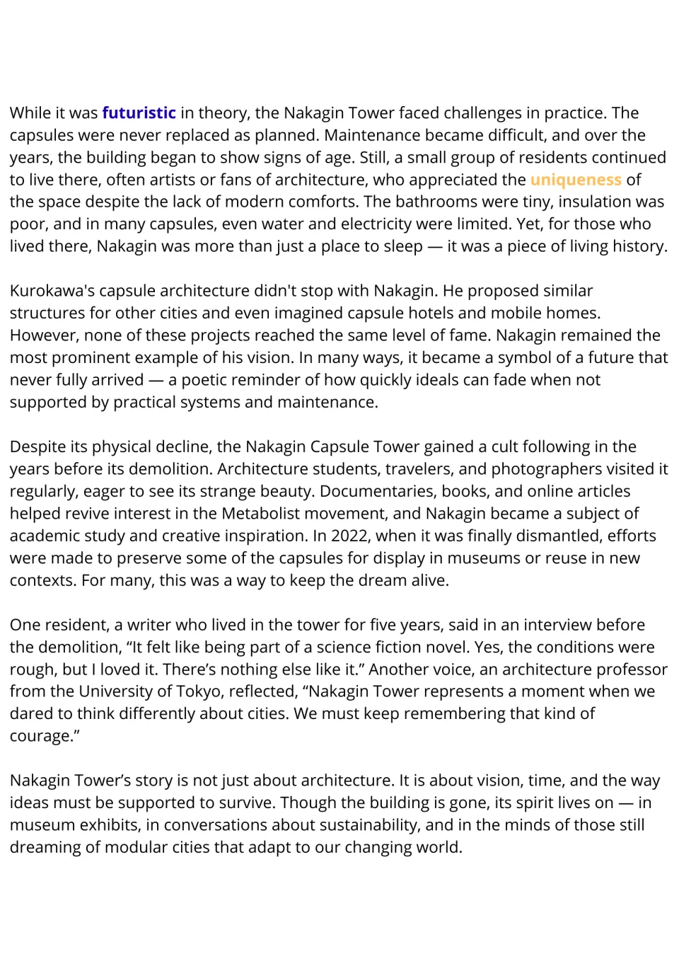 Nakagin Capsule Tower reading, part 2: students read about its decline, 2022 demolition and quotes from a resident