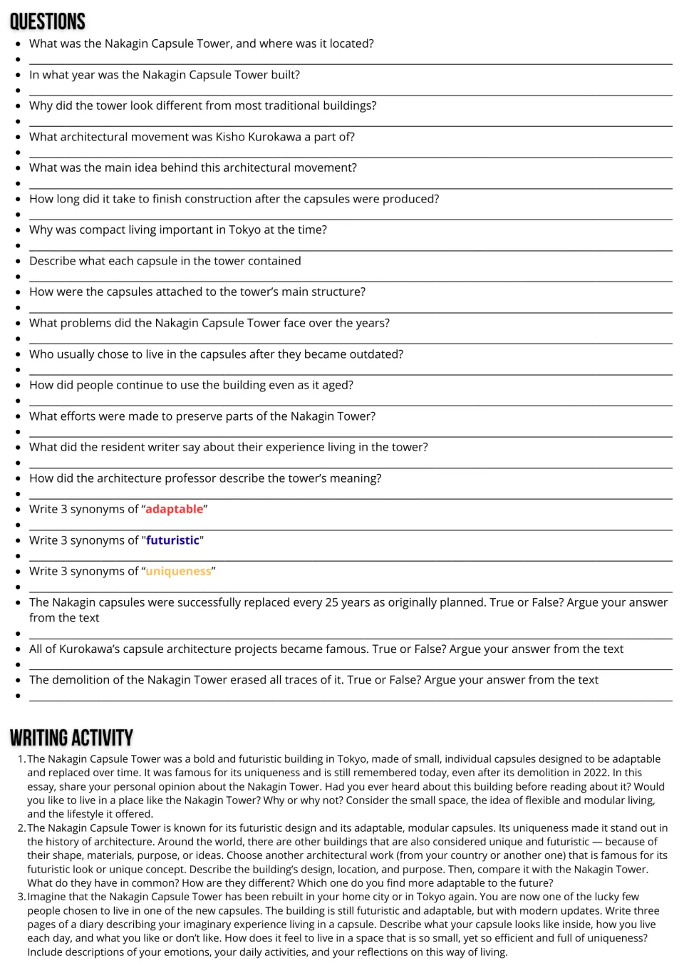 Nakagin questions: students answer 15 comprehension items, write synonyms, argue 3 true/false claims, then pick an essay