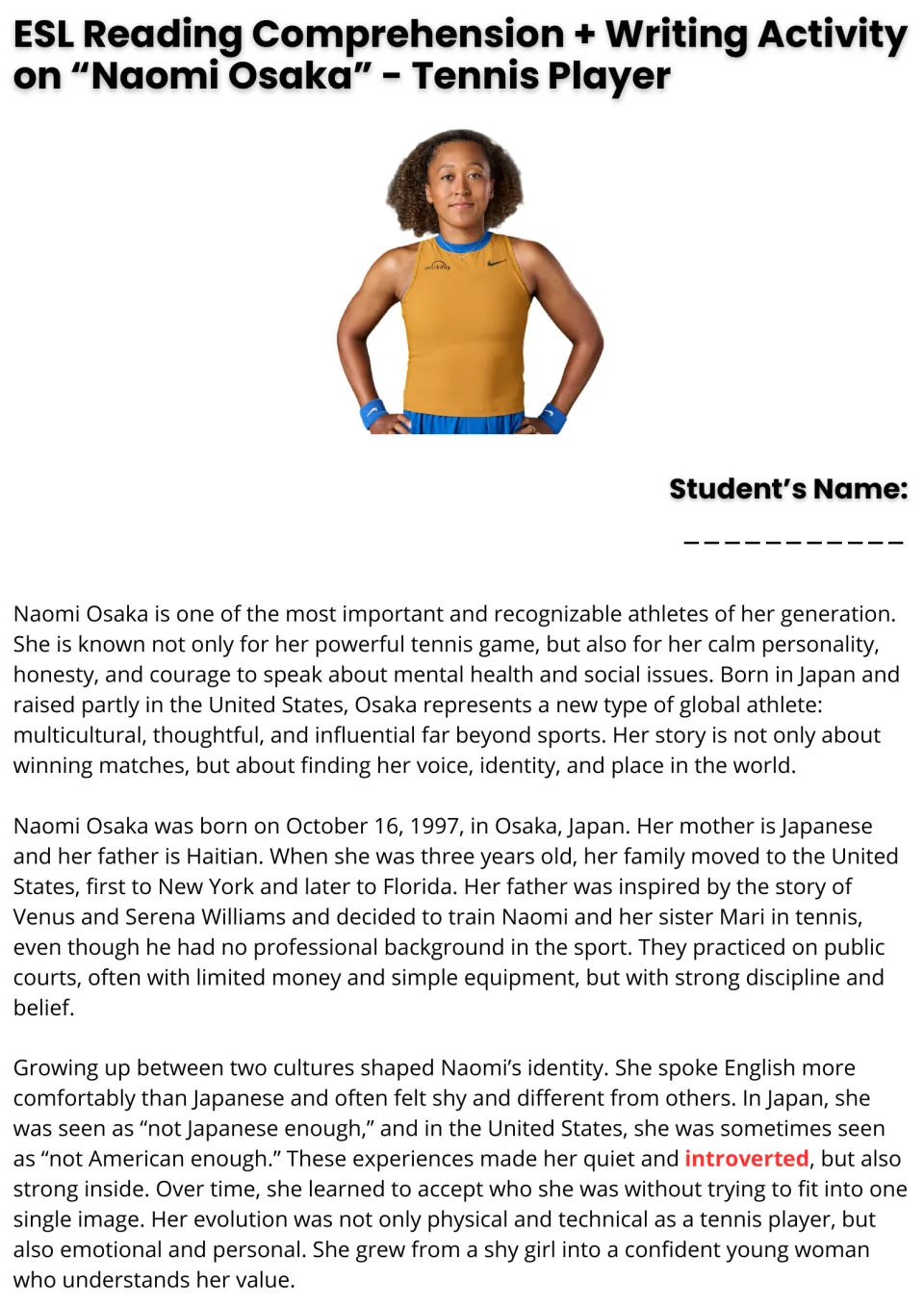 Naomi Osaka reading passage, part 1: her Japan birth, Haitian father, move to the US and growing up between two cultures