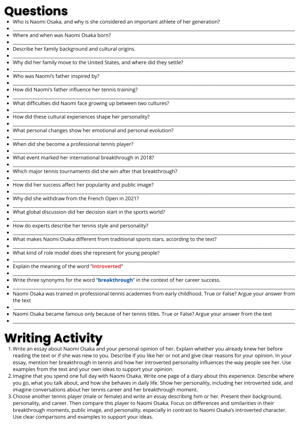 Osaka text questions: 22 comprehension, vocabulary and true-or-false items, then three essay and diary writing prompts