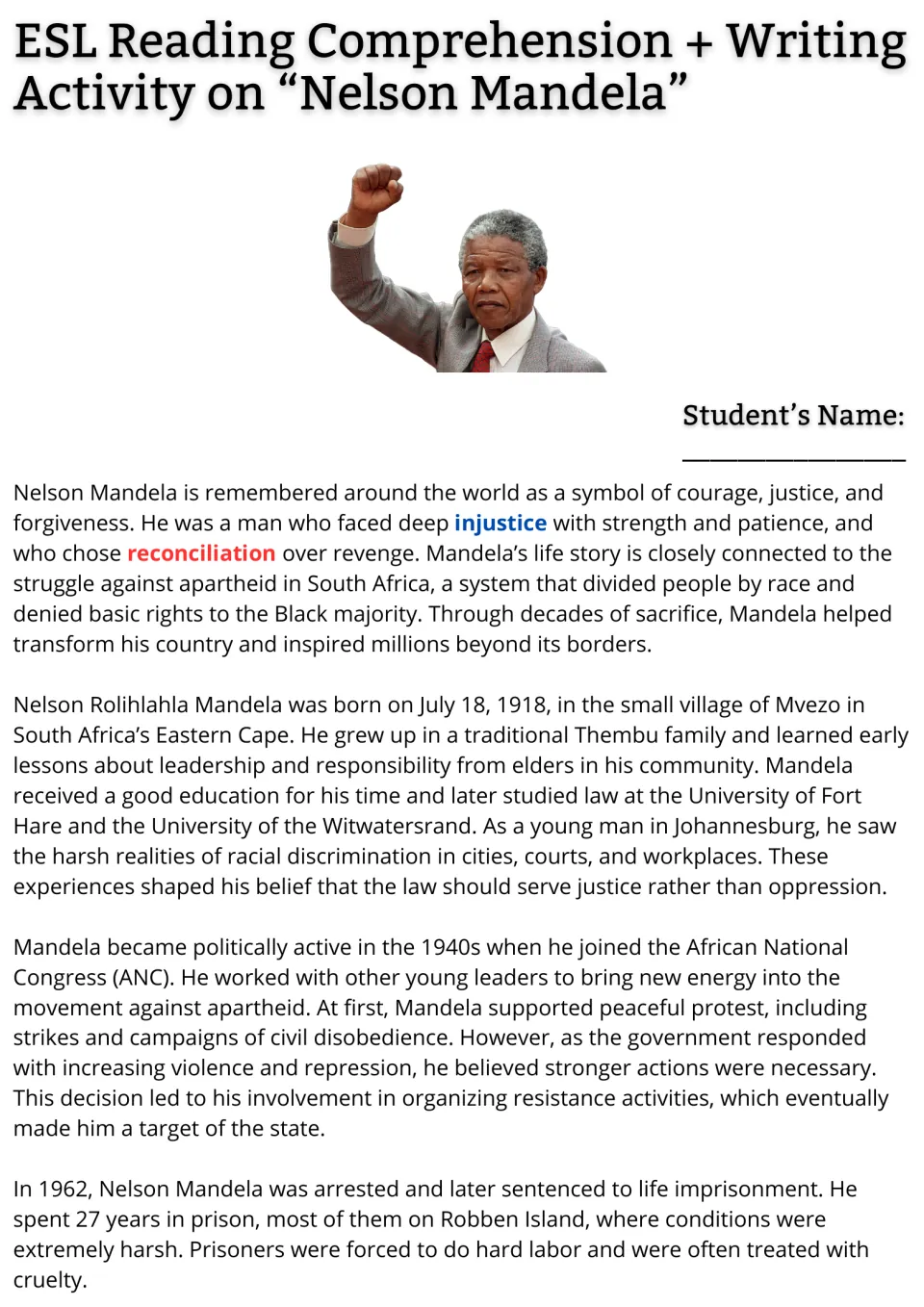 Nelson Mandela reading passage, part 1: students read about his early life, the ANC, apartheid and arrest in 1962