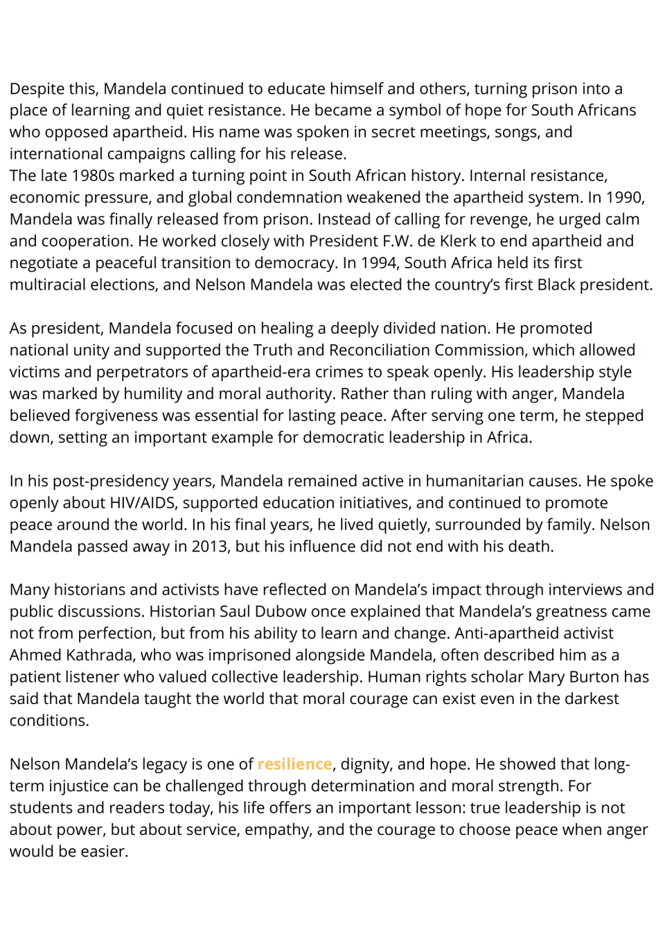 Mandela passage, part 2: students read about his 1990 release, 1994 election, the Truth and Reconciliation Commission