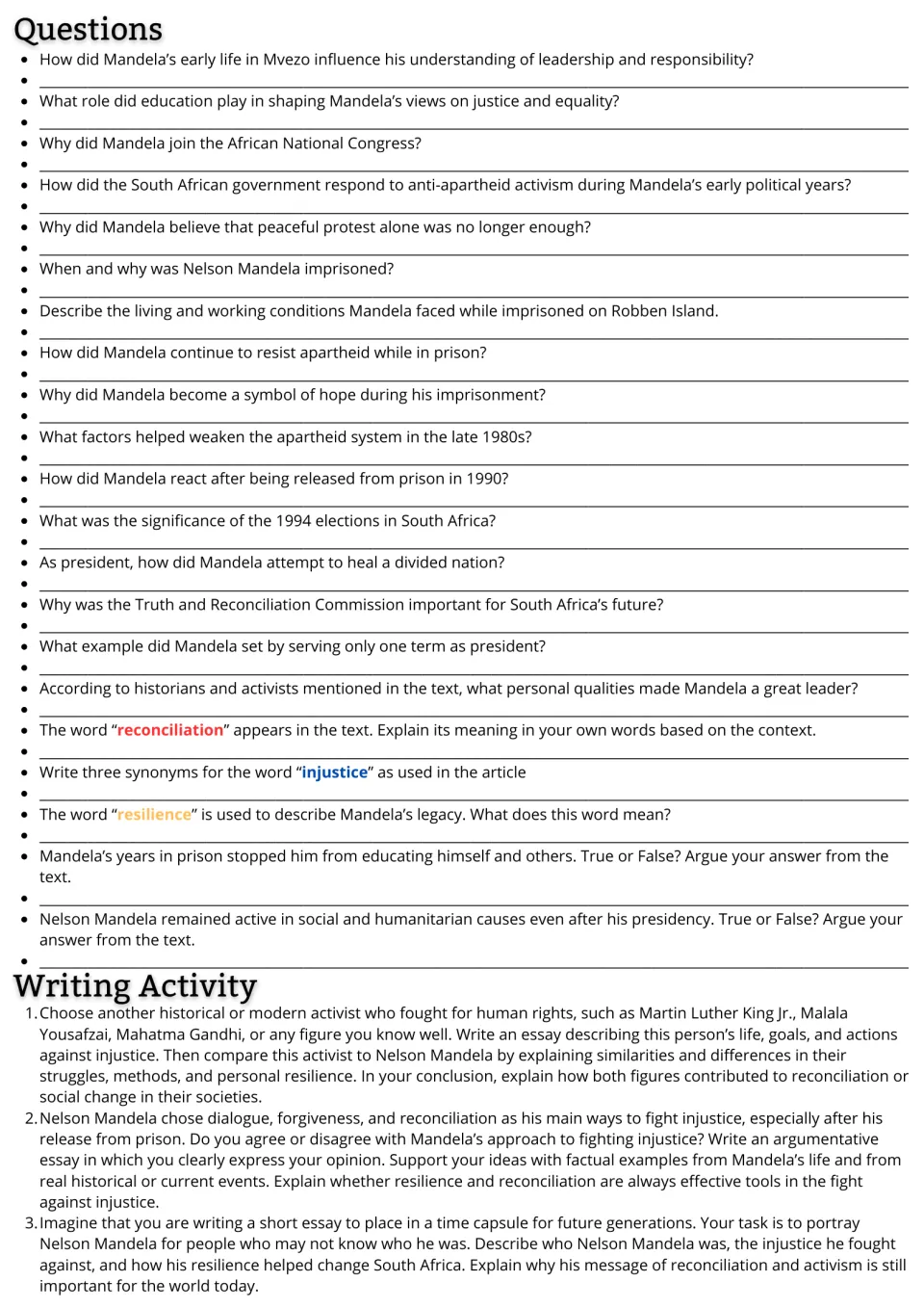 Mandela comprehension questions: students answer 21 questions, explain vocabulary, then write 1 of 3 essays