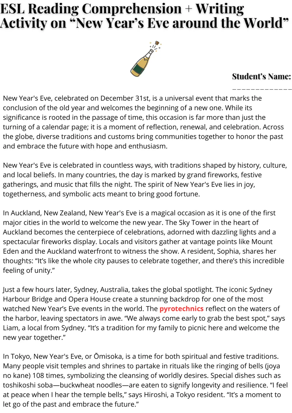 ESL reading passage, part 1: New Year's Eve celebrations and traditions in Auckland, Sydney, and Tokyo.