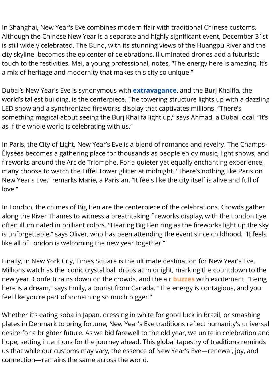 ESL reading passage, part 2: New Year's Eve in Shanghai, Dubai, Paris, London, and New York City.