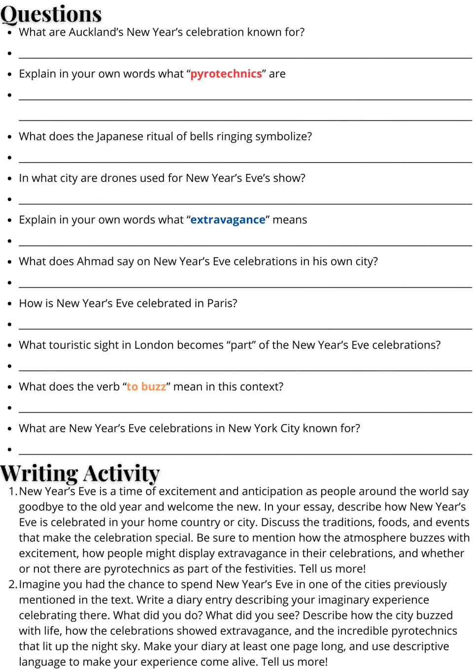 Reading response page: 10 comprehension and vocabulary questions plus an essay prompt and a diary prompt.