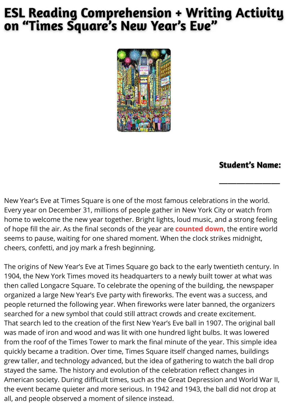 Opening reading passage: Times Square's New Year's Eve origins, the 1907 ball, and wartime pauses.