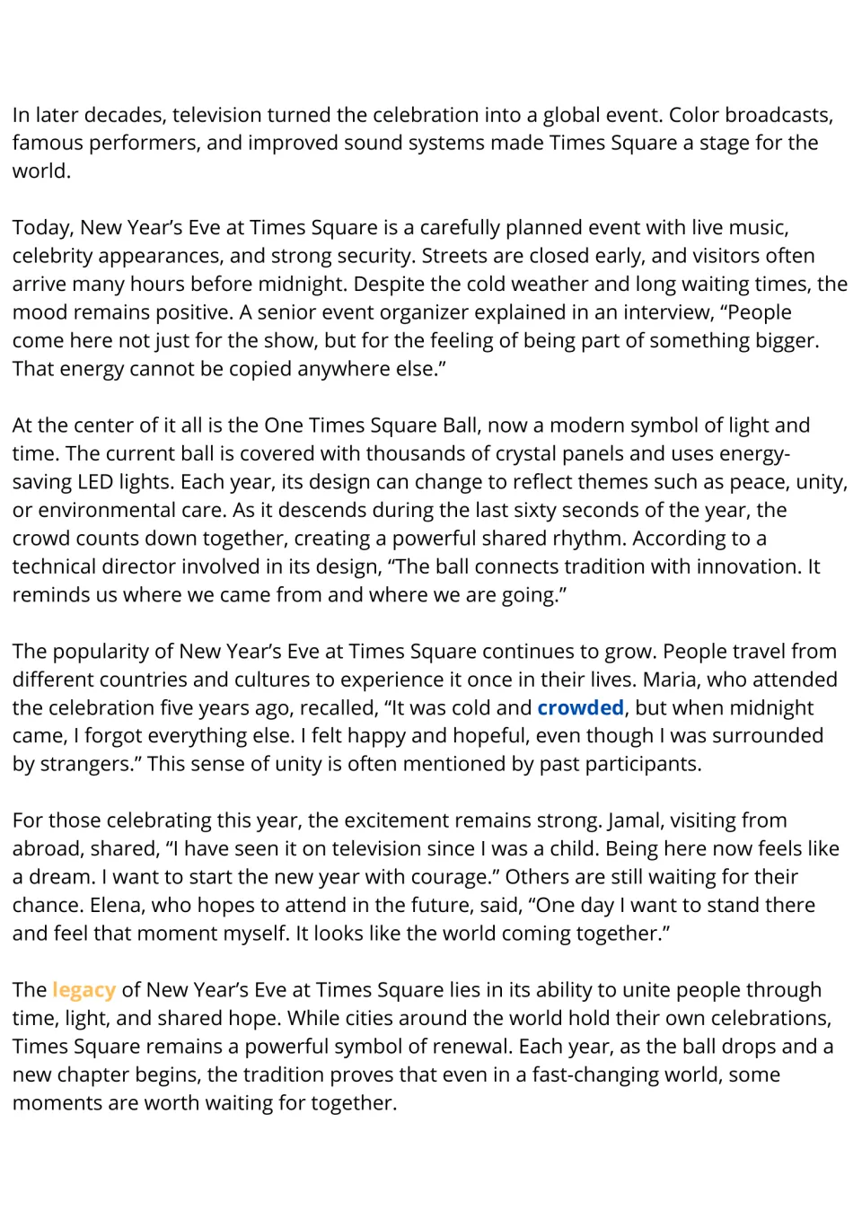 Reading passage continuation: television, the modern Times Square Ball, participants' memories, and legacy.