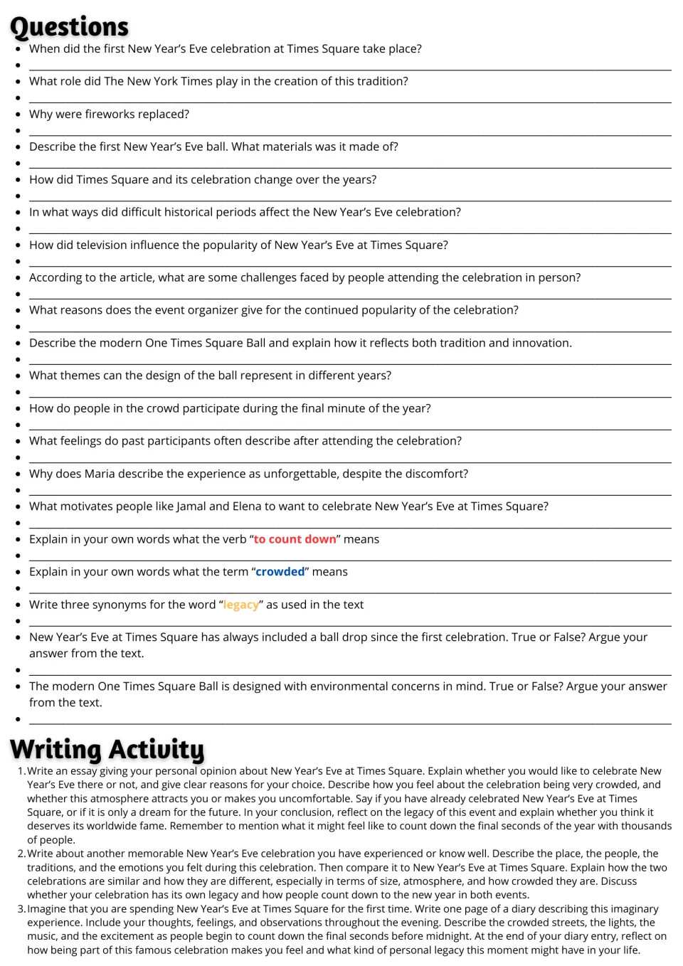 Reading follow-up: 20 comprehension and vocabulary questions plus three New Year's Eve writing prompts.