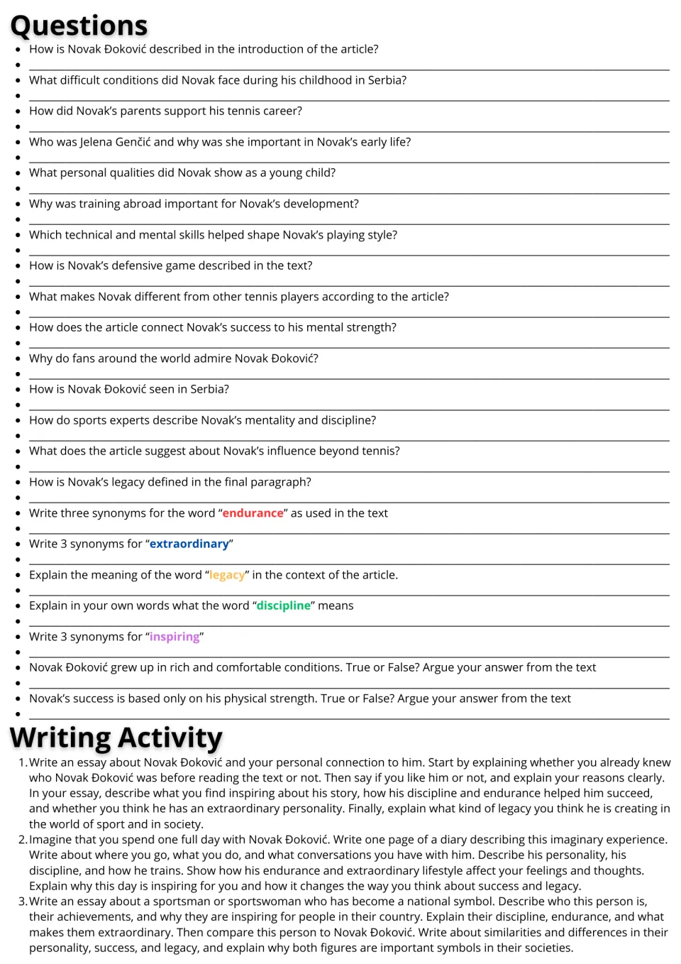 Comprehension questions, synonym and true-or-false items on the Đoković text, plus three essay and diary writing prompts