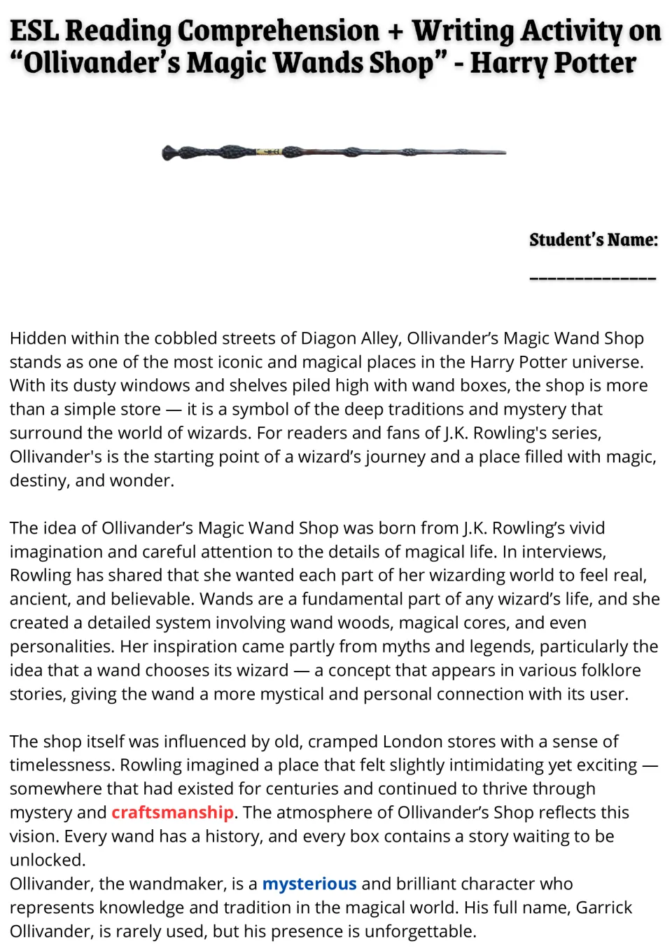 Ollivander's wand shop reading passage: students read about Diagon Alley and why a wand chooses its wizard