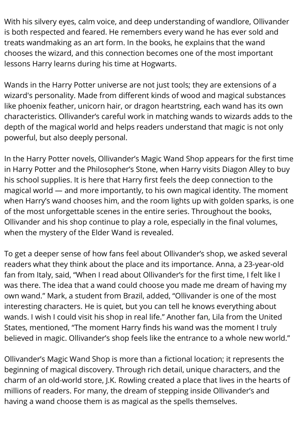 Article continued: wand cores, Harry's first wand in Philosopher's Stone, and fan quotes on why the shop matters