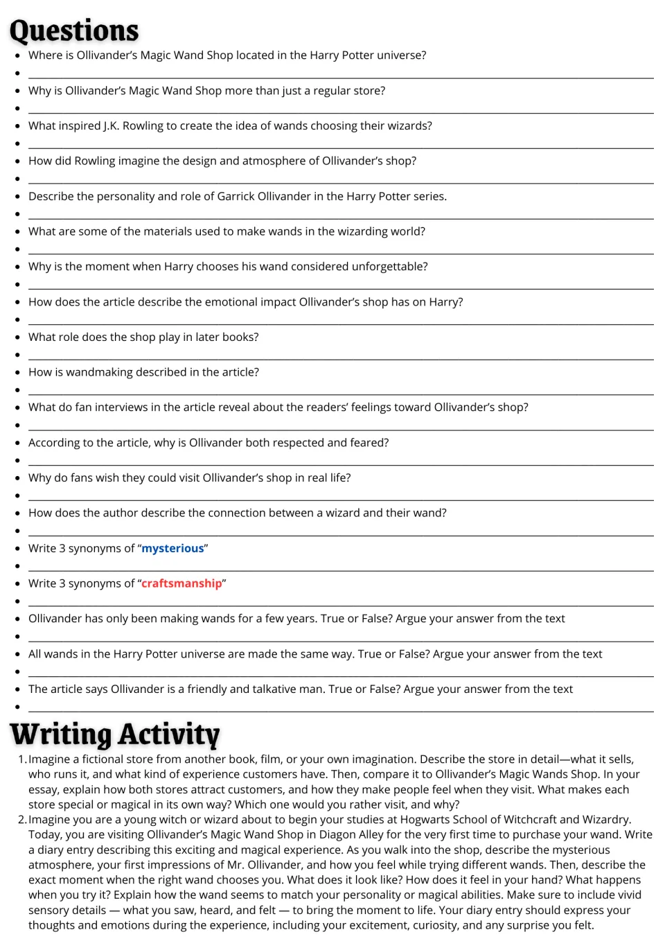 Ollivander questions: 19 comprehension, synonym and true-or-false items, then two writing prompts, one a wand diary entry