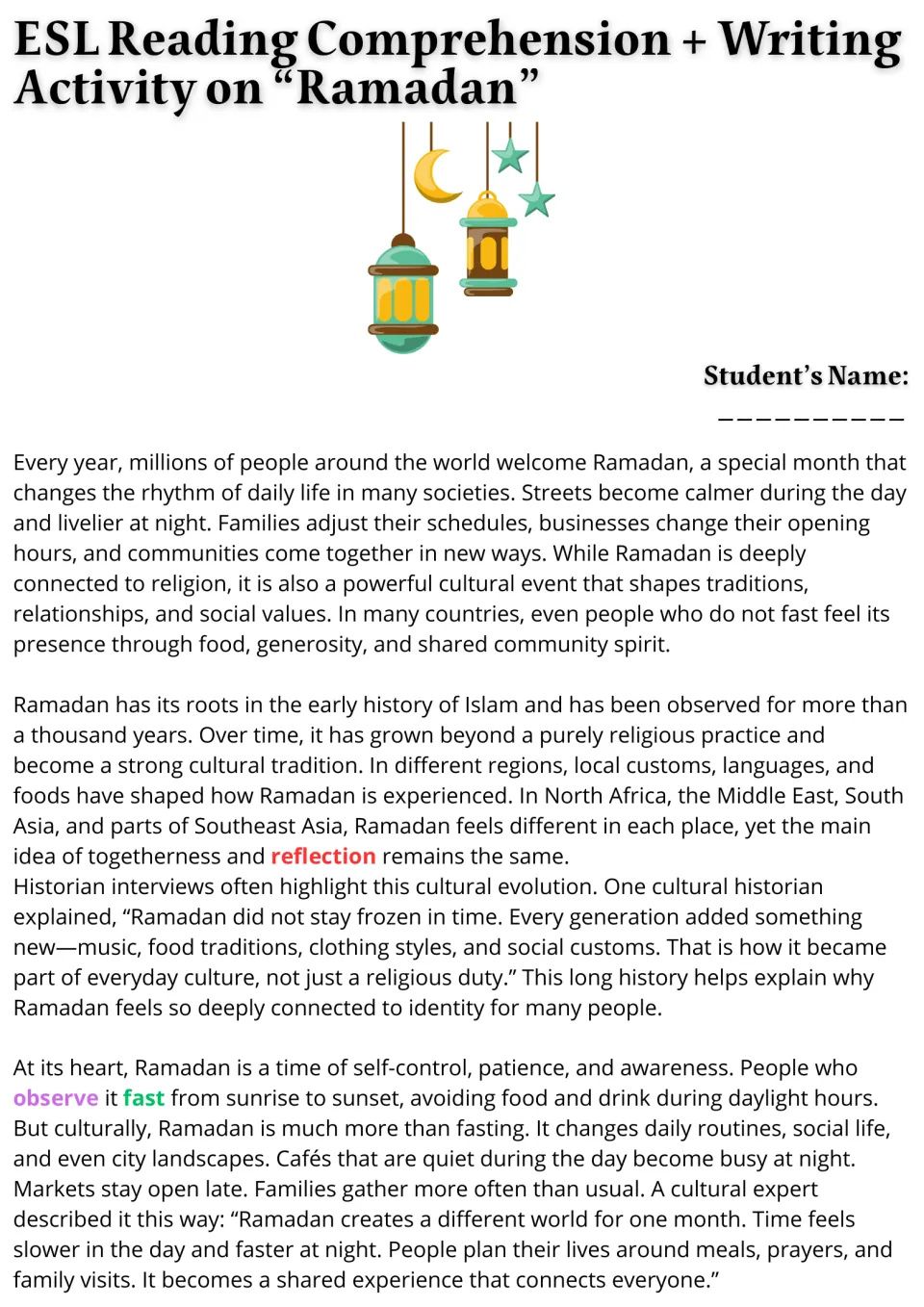 Ramadan reading passage, part 1: origins, cultural traditions, fasting, and changes to daily routines.
