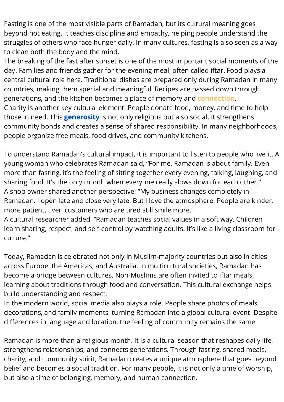 Ramadan reading passage, part 2: iftar meals, charity, family experiences, and celebrations around the world.