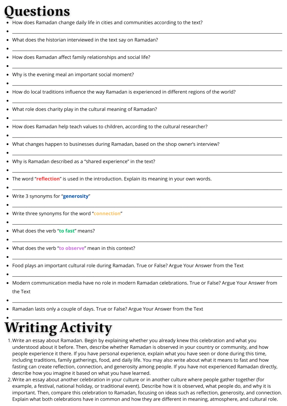 Ramadan follow-up: 17 comprehension and vocabulary questions plus two essay prompts about celebrations.