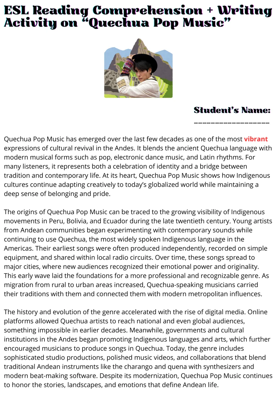 Reading passage opening on Quechua pop music: Andean origins, cultural identity, migration, and digital media.
