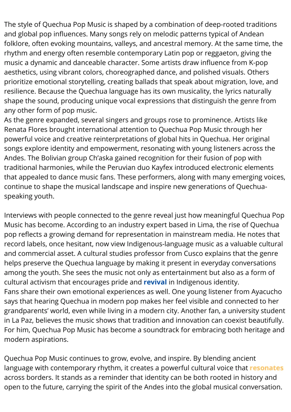 Reading passage continuation on Quechua pop music: musical styles, artists, language preservation, and fans.
