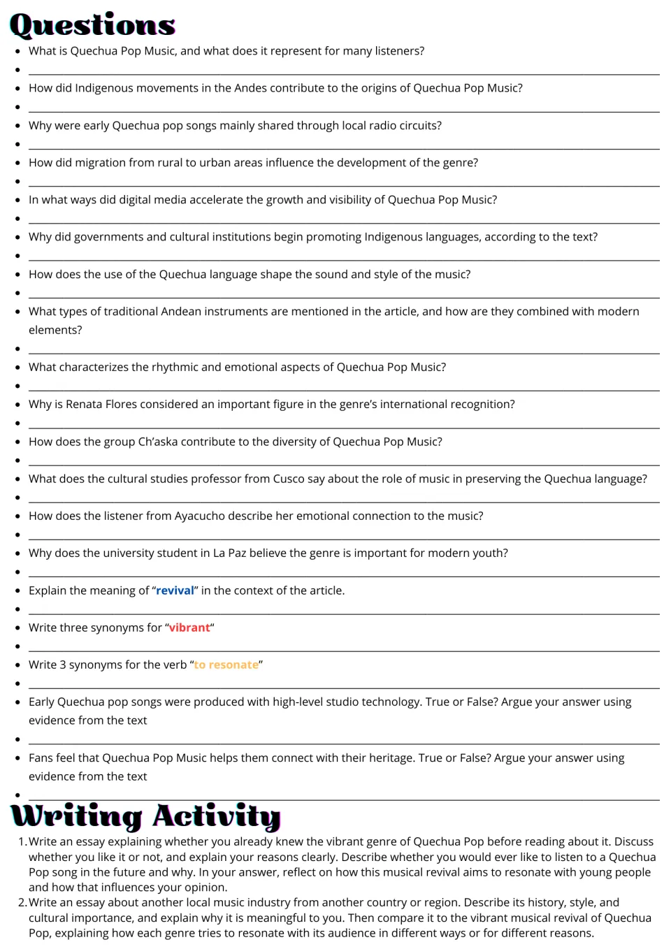 Quechua pop music follow-up: 19 comprehension and vocabulary questions plus two essay prompts about music.