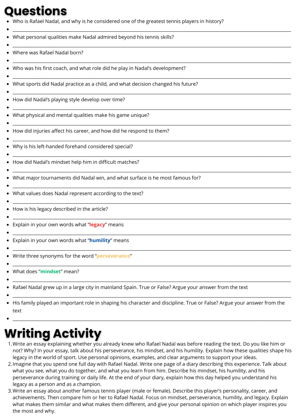Nadal questions: 19 comprehension, vocabulary and true-or-false items, then three writing prompts including a diary entry