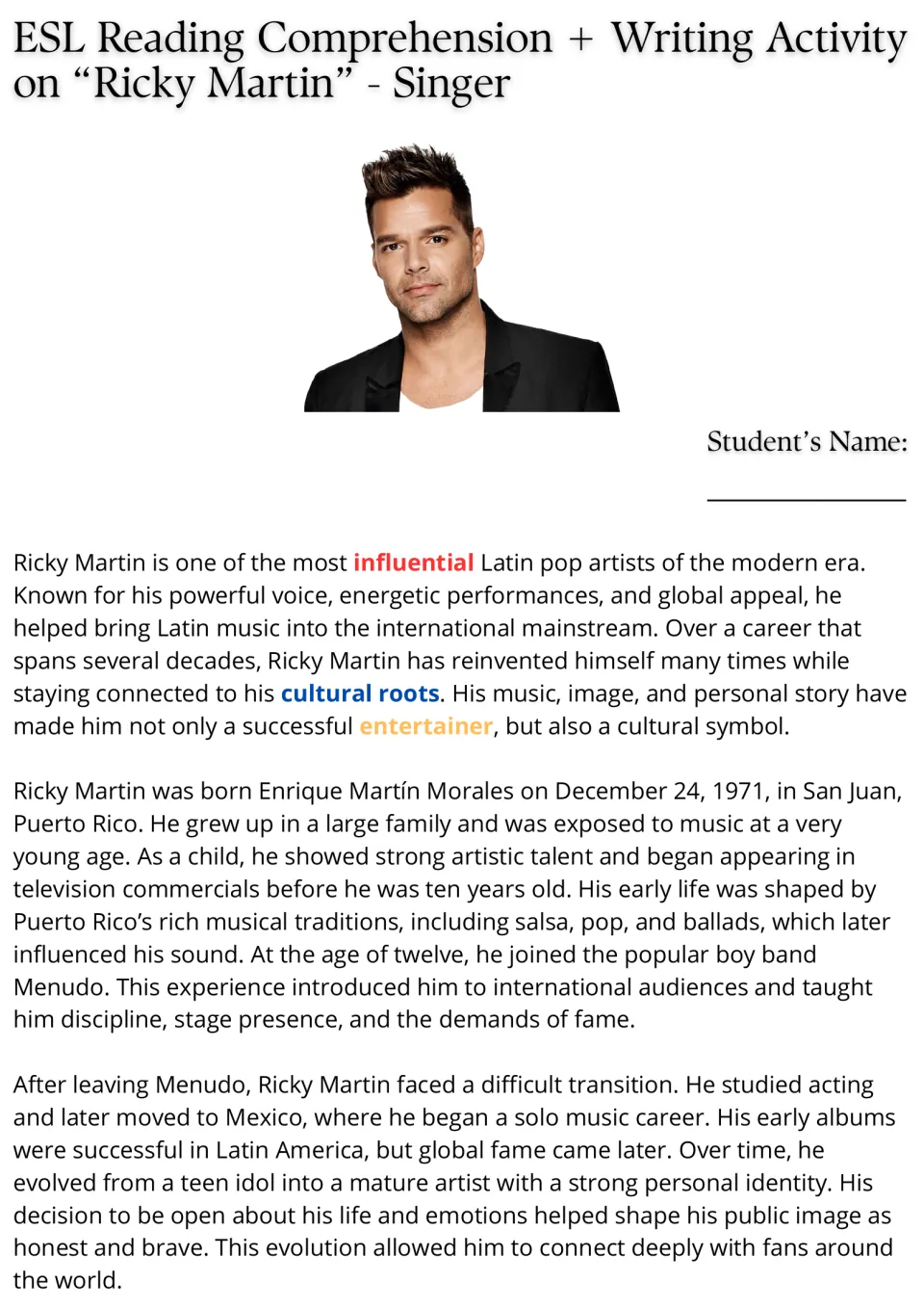 Ricky Martin reading, part 1: his San Juan childhood, Menudo years and solo career, with 3 vocabulary words colored