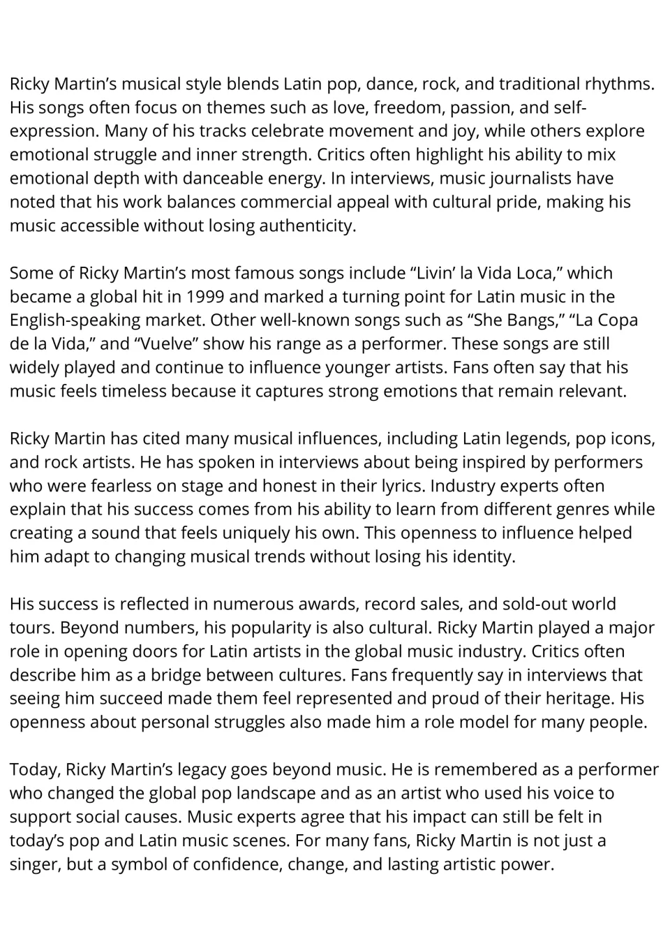Ricky Martin reading, part 2: musical style, hits like Livin' la Vida Loca, influences, awards and his legacy