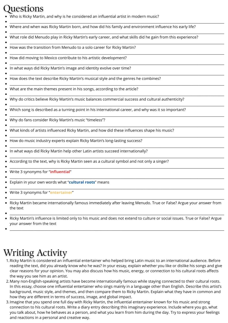 Questions on the text: 20 comprehension, synonym and true-or-false items, then 3 essay prompts, one a diary entry