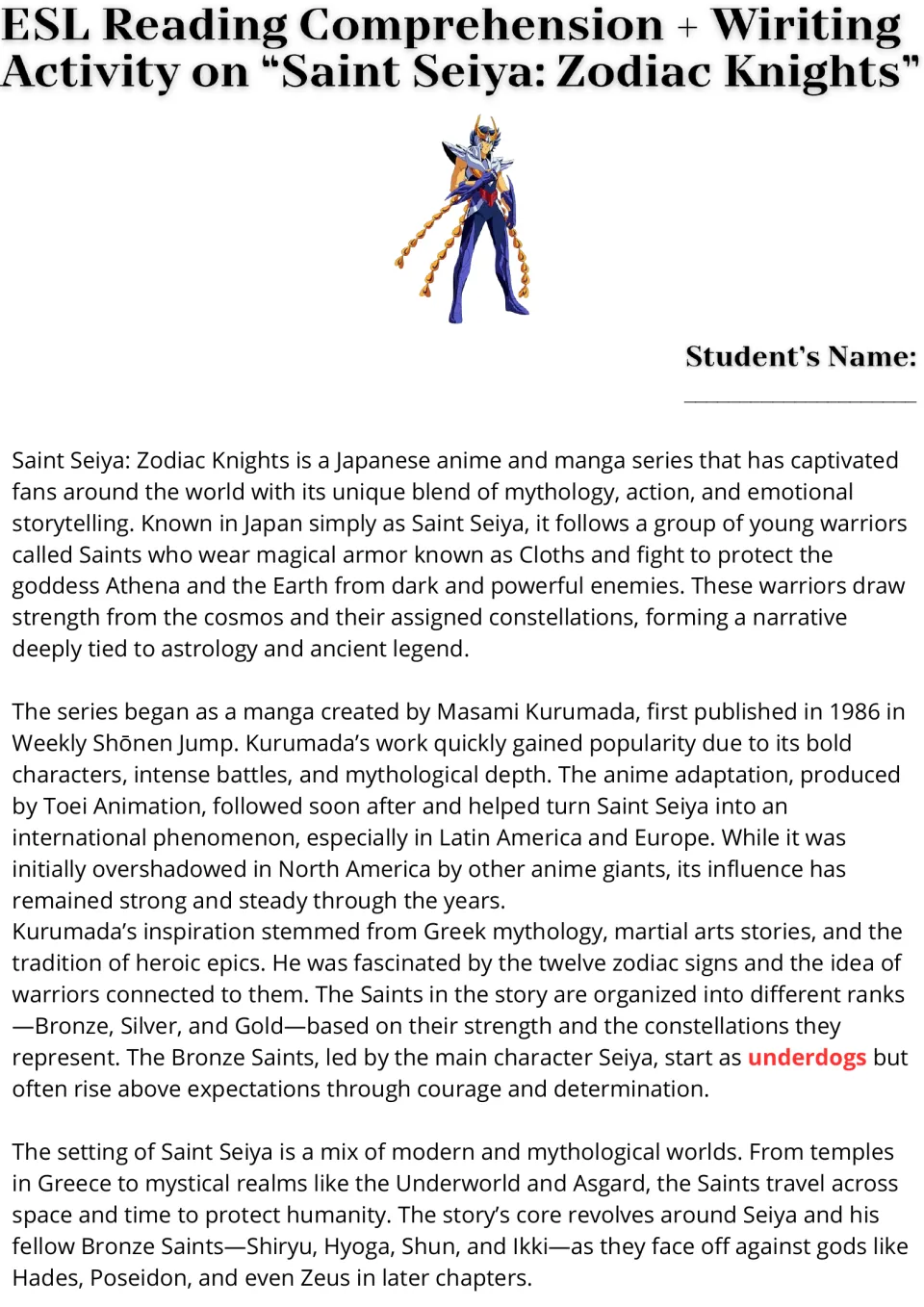 Saint Seiya reading passage, part 1: students read about the manga's origins, the Saints' Cloth armor, ranks and setting