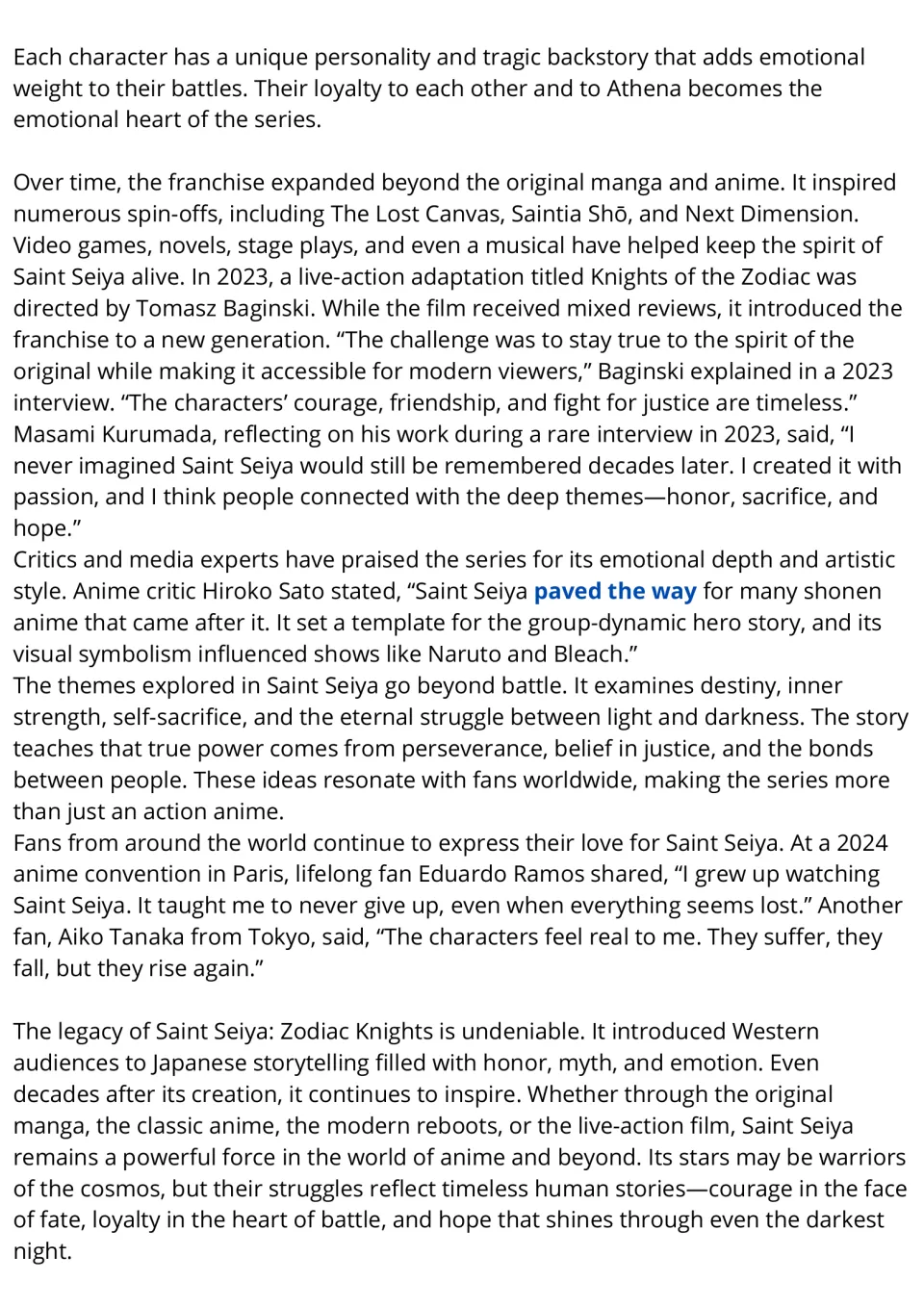 Saint Seiya reading passage, part 2: spin-offs, the 2023 live-action film, creator and critic quotes, themes and fan views