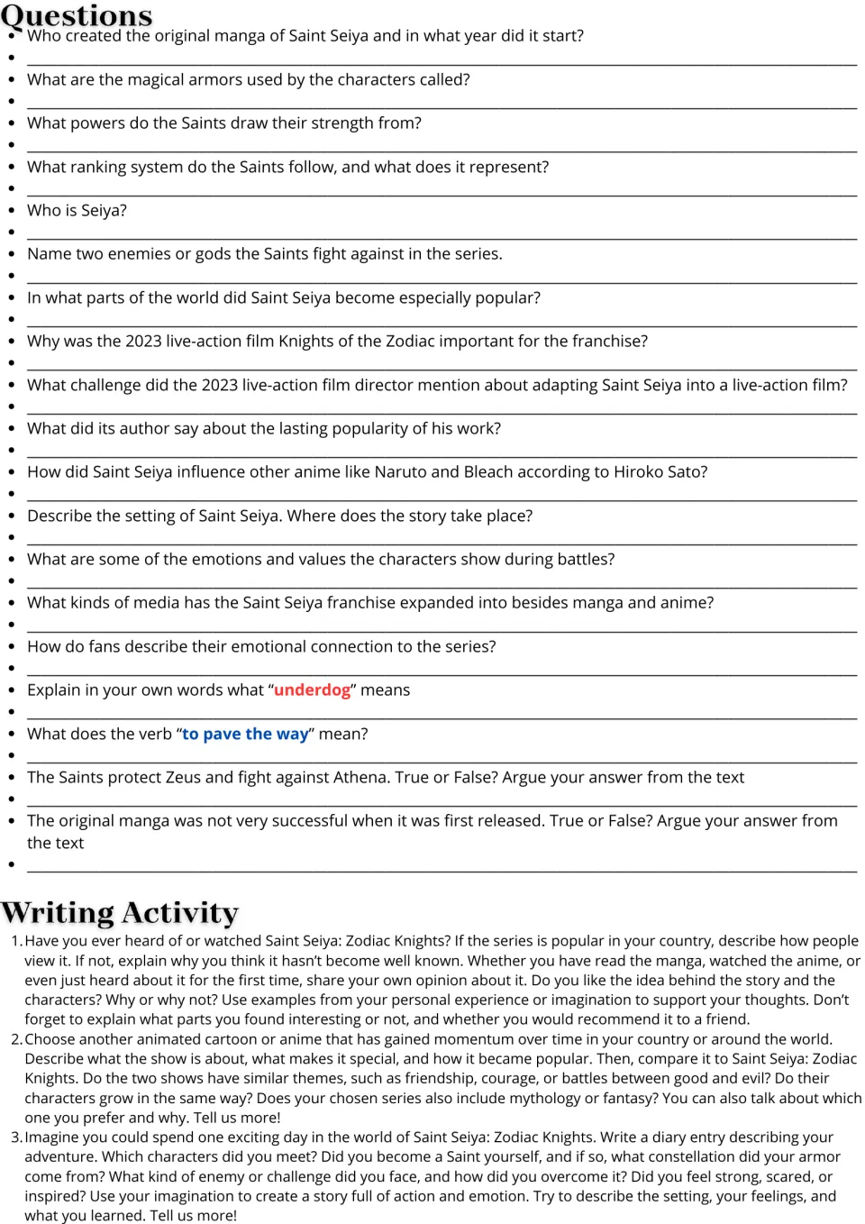 Saint Seiya questions: students answer 19 comprehension, vocabulary and true/false items, then pick one of 3 essay prompts