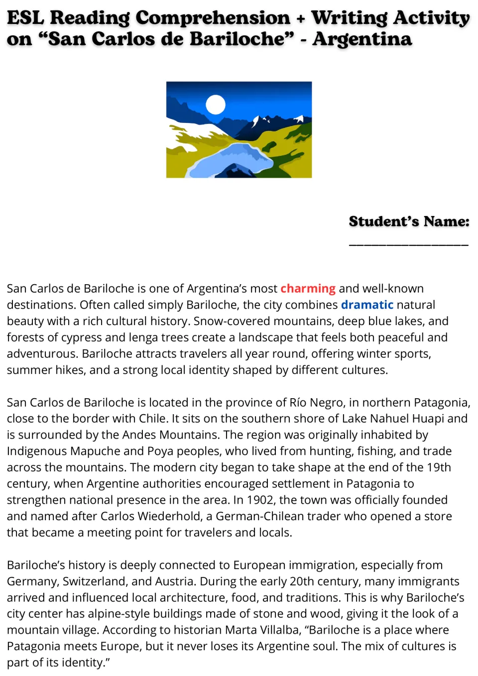 ESL reading passage, part 1: Bariloche's location, Indigenous peoples, founding, and European immigration.