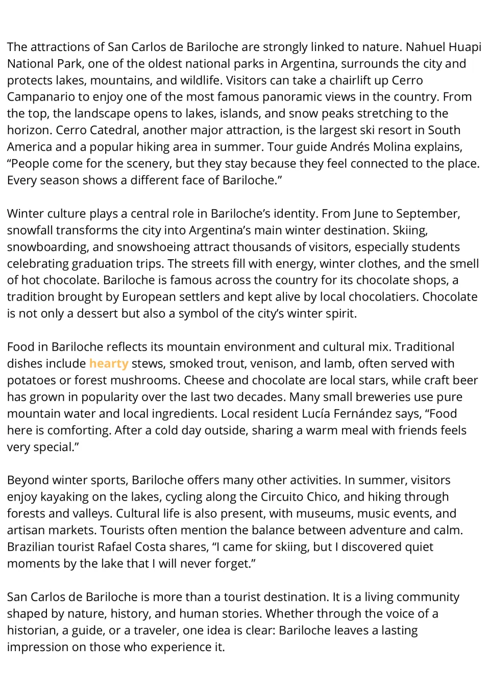 ESL reading passage, part 2: Bariloche's natural attractions, winter sports, food, and summer activities.