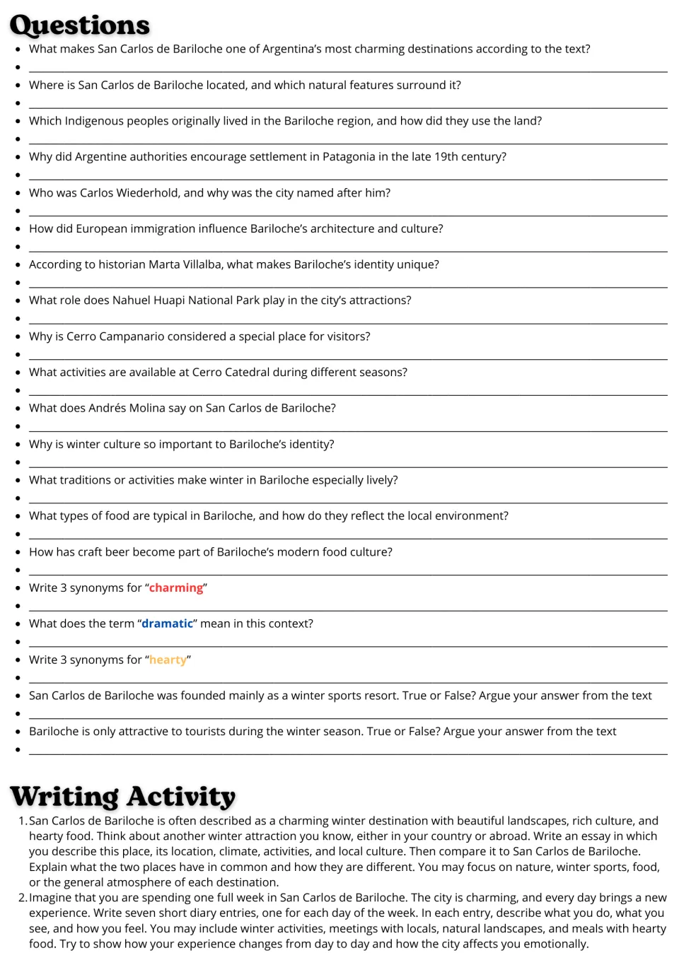 Bariloche reading follow-up: 20 comprehension and vocabulary questions plus essay and diary writing prompts.