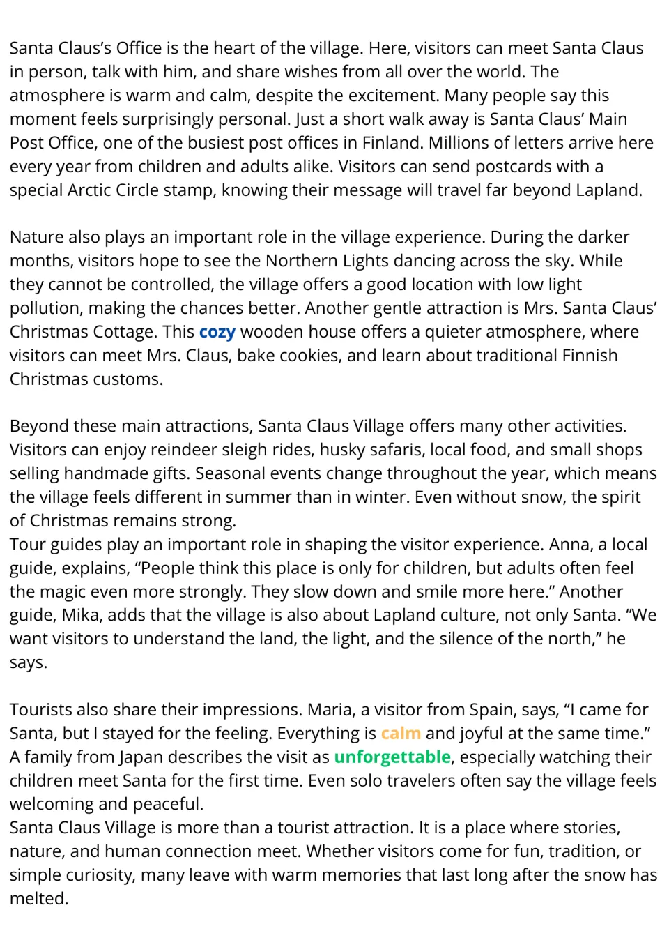 Reading passage continuation: Santa's office, post office, Northern Lights and visitors' impressions