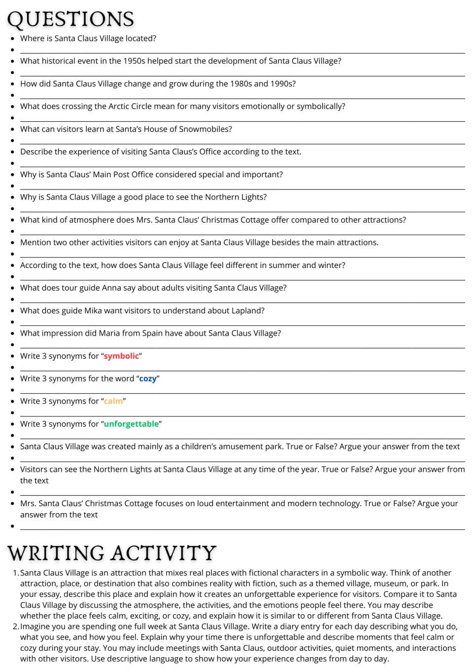 Follow-up tasks: 21 comprehension and vocabulary questions plus comparison essay and weeklong diary prompts