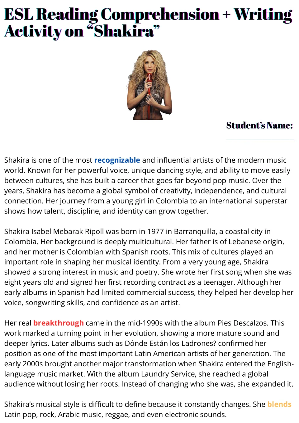 Shakira reading passage, part 1: Colombian roots, early songwriting, breakthrough albums, and musical style.