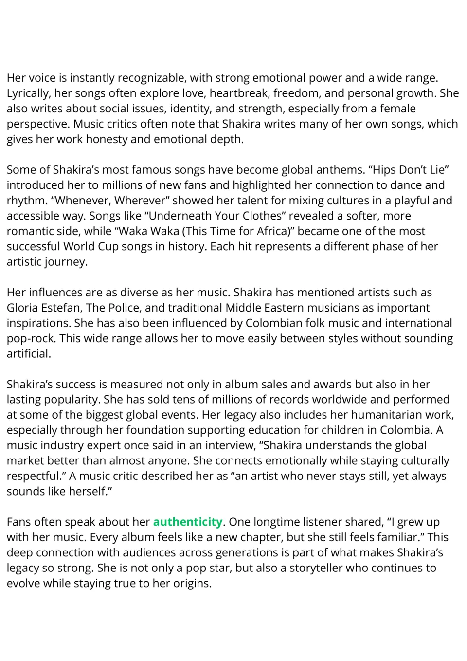 Shakira reading passage, part 2: famous songs, musical influences, humanitarian work, and authenticity.