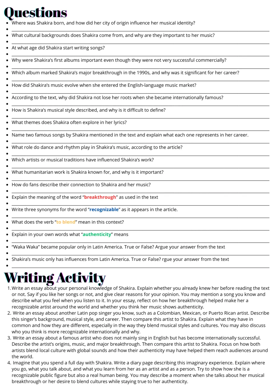 Shakira follow-up activities: 20 comprehension and vocabulary questions plus four essay and diary prompts.